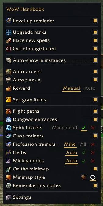 Quick settings menu from the minimap button