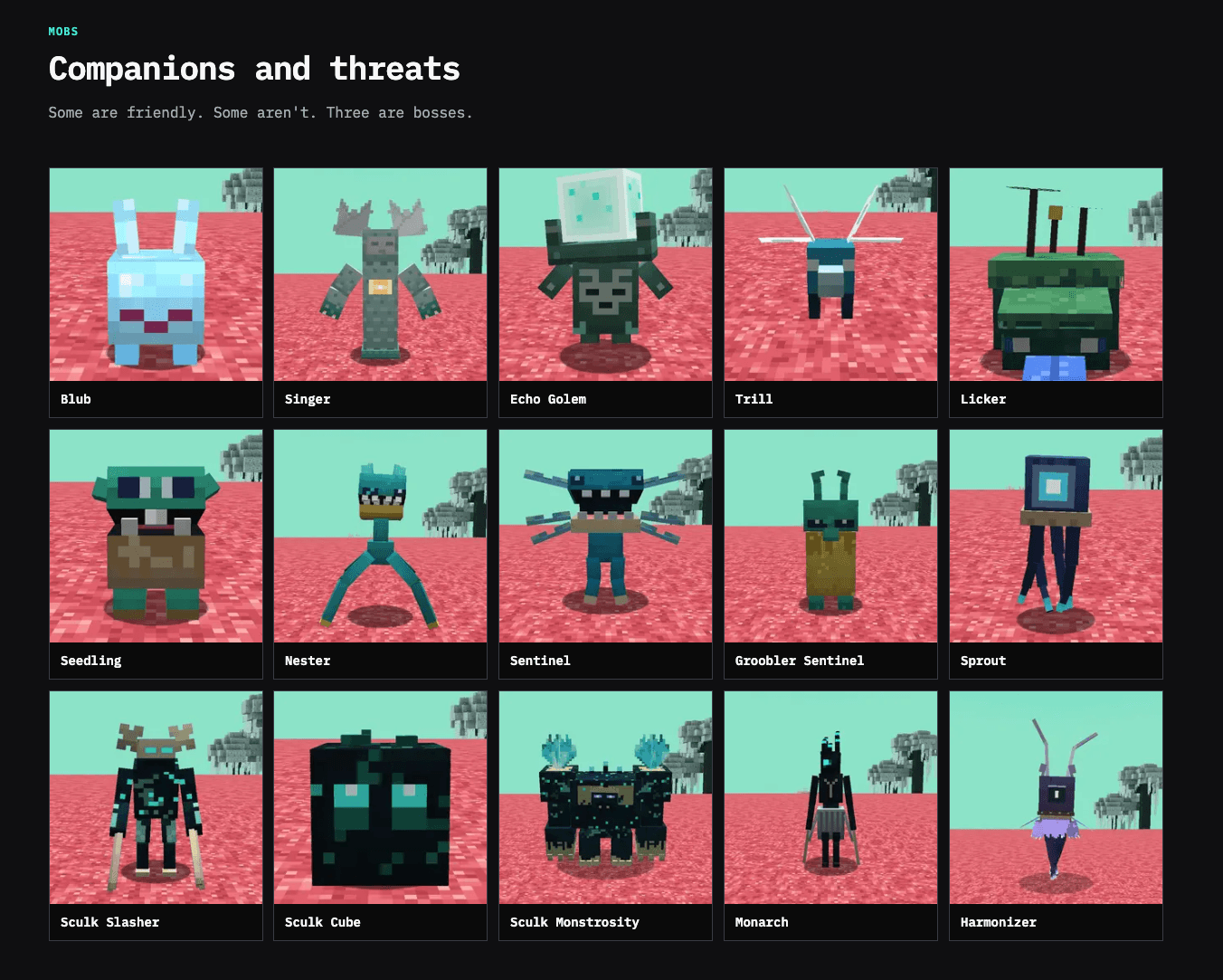 The Swift’s 15 creatures and three bosses. Website guide shown with Java portraits; Bedrock includes the same creature roster.