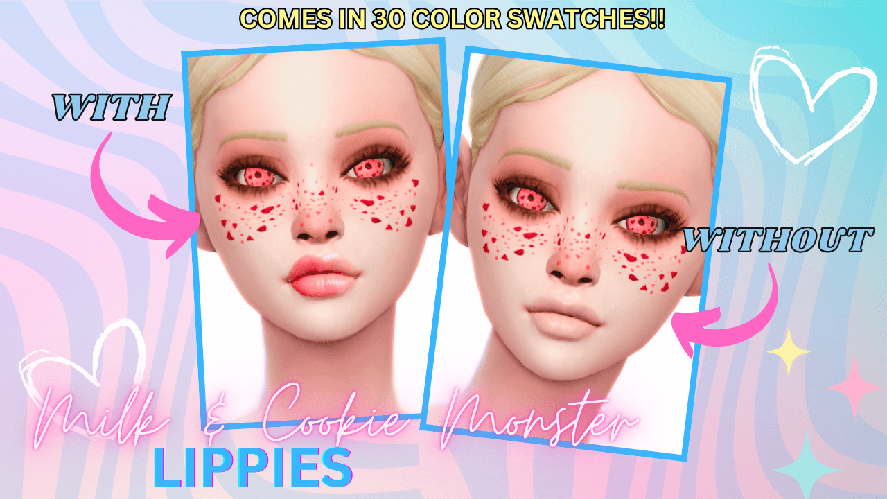 A delightfully sweet set of lipsticks for your sims that comes in 30 color swatches!