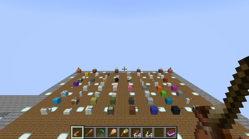 Thumbnail A creative-world gallery of the mod's building materials and workstations, including Limestone variants, treated steel, slag, and colored concrete.
