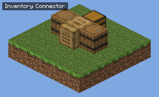 An Inventory Connector joining a barrel, a chest and a second barrel, with a Storage Terminal on it.