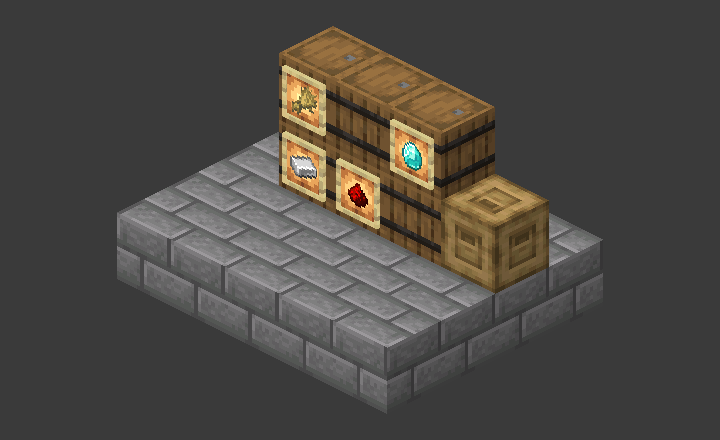 A sorting wall: six barrels, four labelled with glow item frames (iron, redstone, wheat, diamond).
