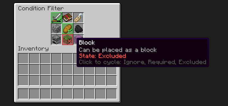 The Condition Filter: green = Required, red = Excluded, with a tooltip for the Block trait.