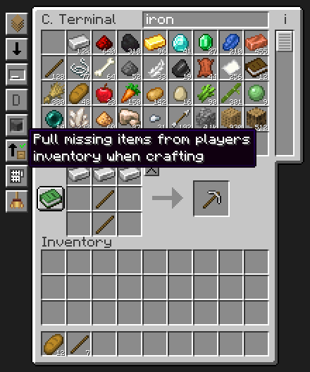 The Crafting Terminal screen with the recipe book button and the side buttons, including the Tidy broom at the bottom.