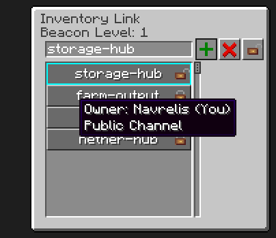 The Inventory Link screen: channel name, create / delete / public toggles and the channel list with owner tooltip.