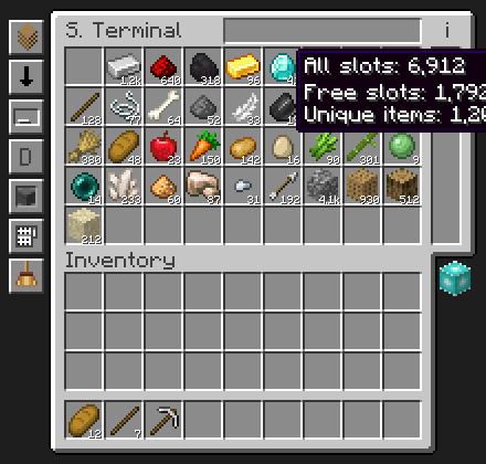 The Storage Terminal: the statistics tooltip (top right), the beacon icon and the side buttons.