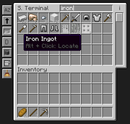Searching "iron": the result list and the Item Locator hint on an item.