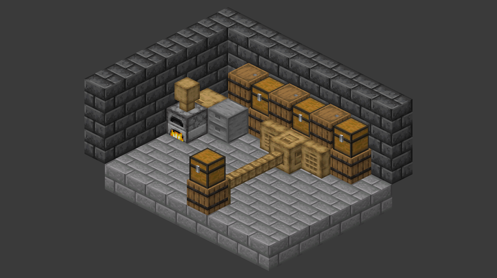 A small storage room: a wall of chests and barrels, an Inventory Connector with a Storage Terminal and a Crafting Terminal, a cable run to a second group, a Filing Cabinet and an Open Crate.