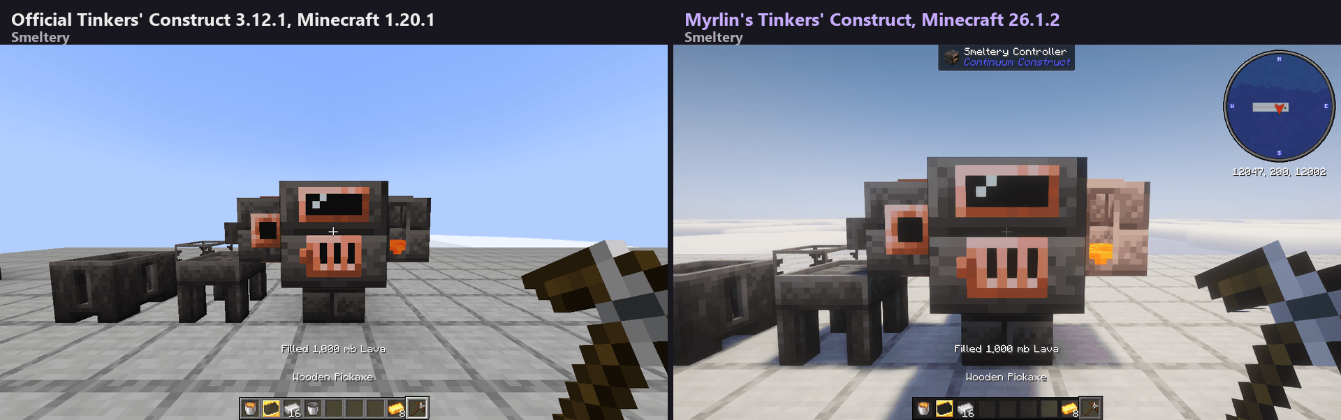 Left: official Tinkers' Construct 3.12.1 on Minecraft 1.20.1. Right: Myrlin's Tinkers' Construct on 26.1.2, same scene.