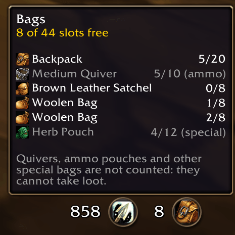 The bag and ammo counters with the bag tooltip: free slots per bag, quiver and herb pouch left out