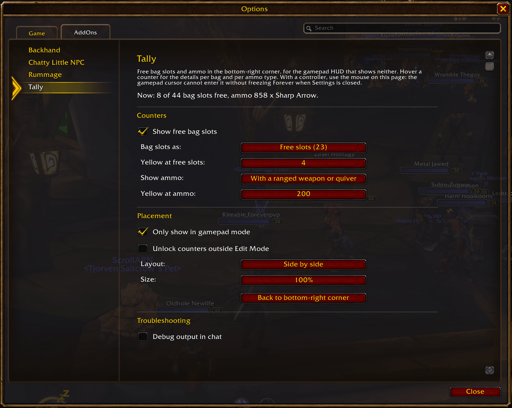 The Tally settings page