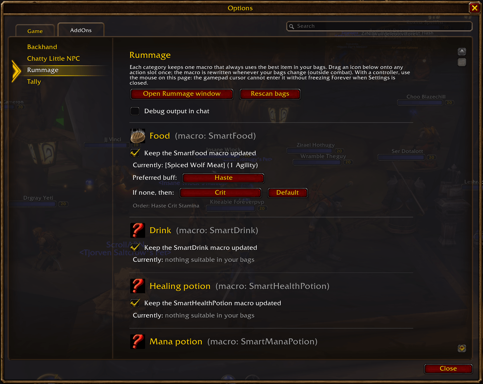 The Rummage settings page