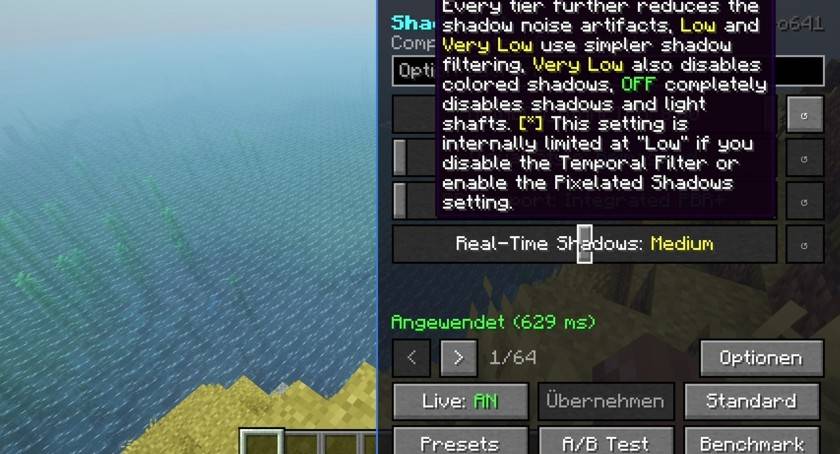 Every shader option as slider or switch, with the pack's own tooltips - changes apply instantly