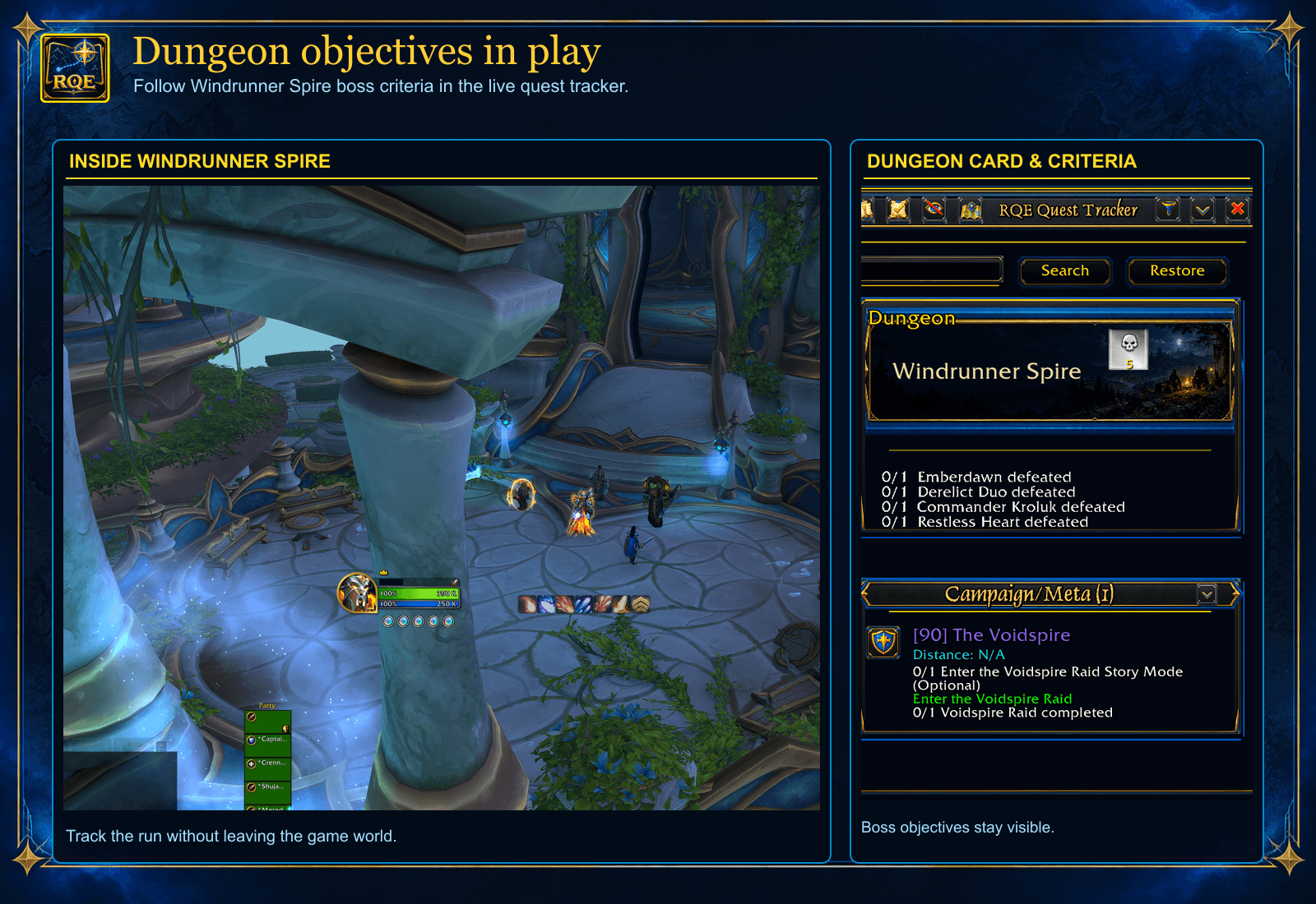Thumbnail Windrunner Spire’s dungeon card and boss criteria stay visible in the RQE Quest Tracker during play.