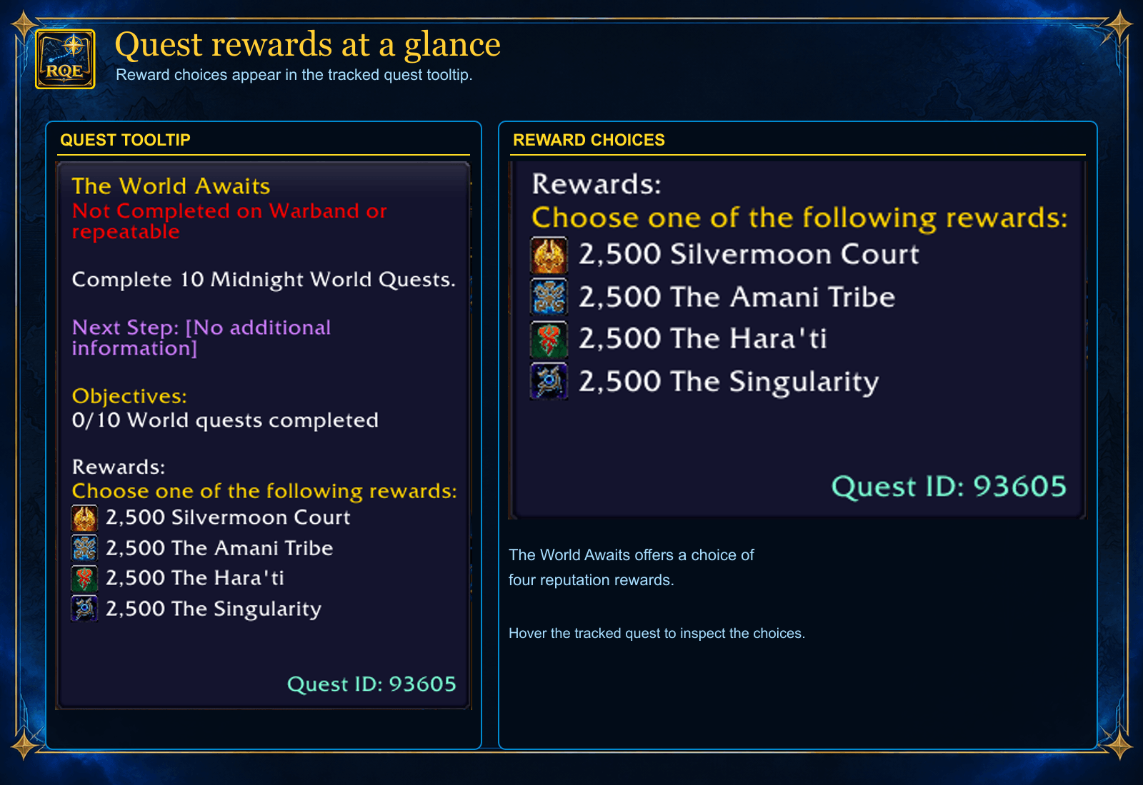 Thumbnail The tracked quest tooltip shows the available reward choices. The World Awaits example presents four reputation rewards directly beside the quest tracker.