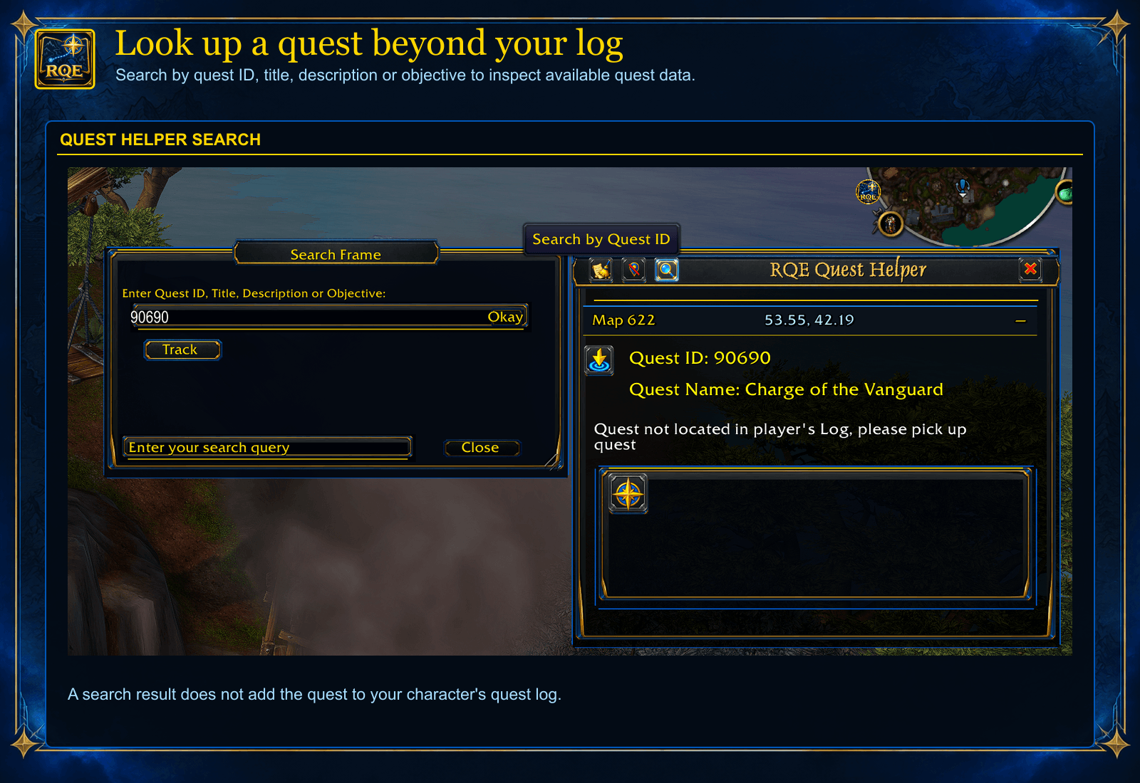 Thumbnail Search by quest ID, title, description, or objective to inspect available quest data in the Quest Helper, even when the quest is outside your character’s log. Looking up a quest does not add it to the log.
