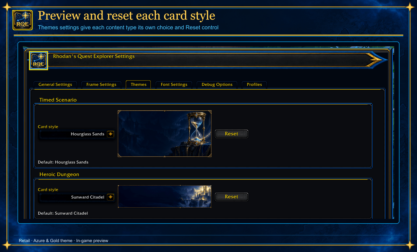 Thumbnail Preview and reset separate Azure & Gold card styles for supported dungeons, timed scenarios, Delves, and Torghast in Themes.