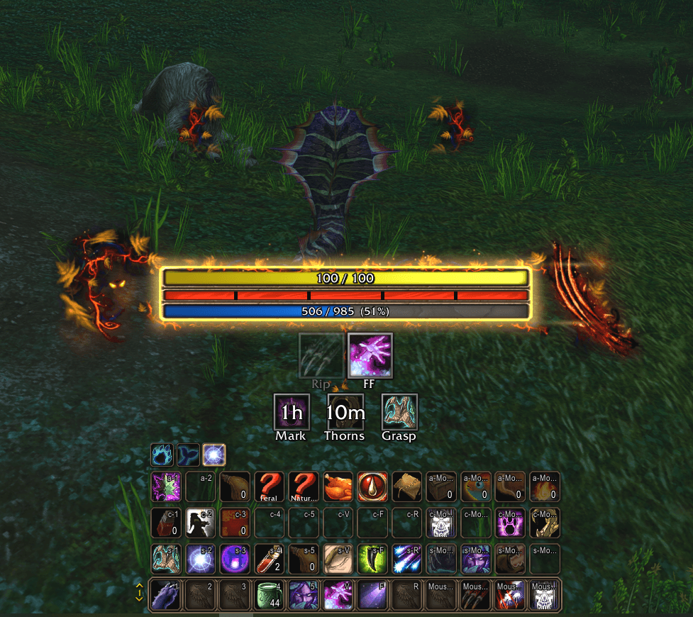 Druid HUD at five combo points with Clearcasting