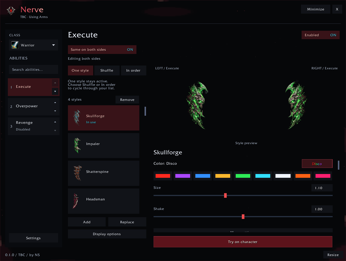Nerve’s in-game TBC settings showing style collections, colors, size, shake and the paired preview