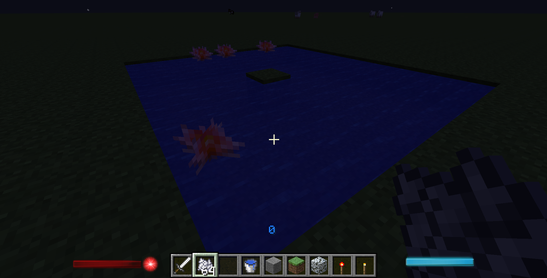 Open sky, dark, and surround a single grass block by water (not flowing).
