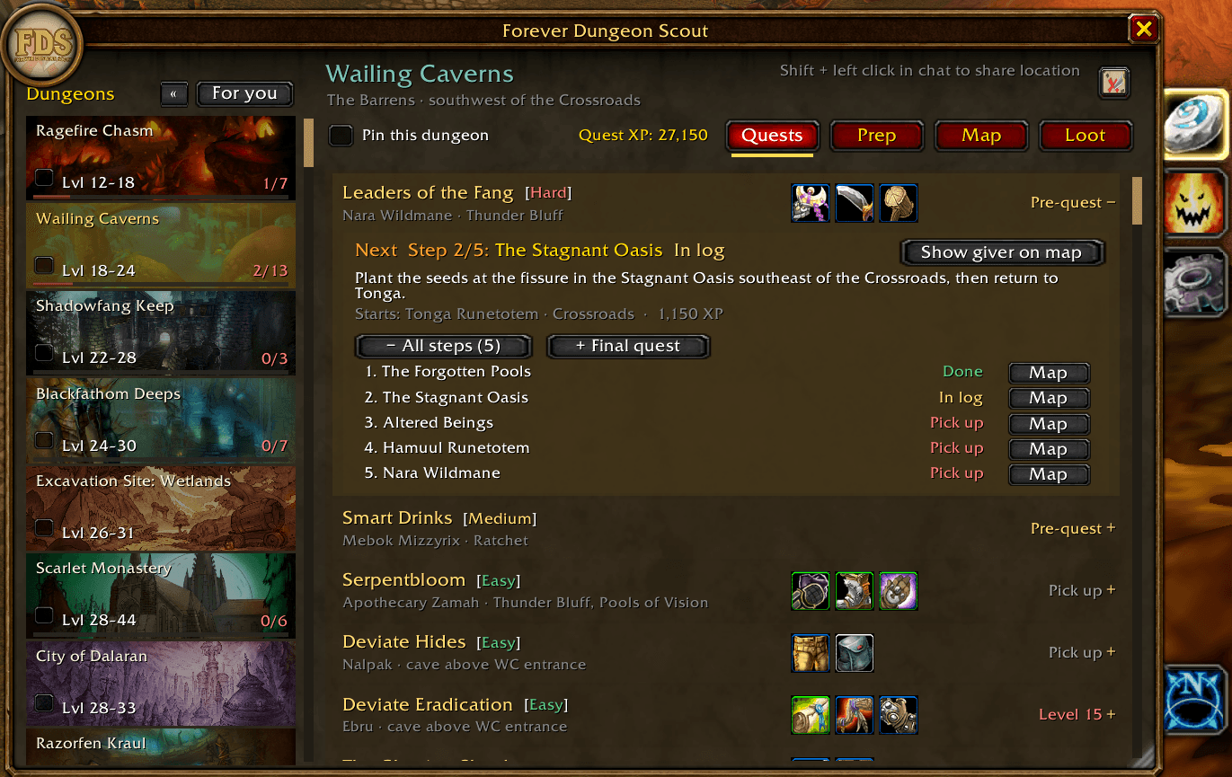 Dungeons on the left tab, center for quests with pre-quests and map pins