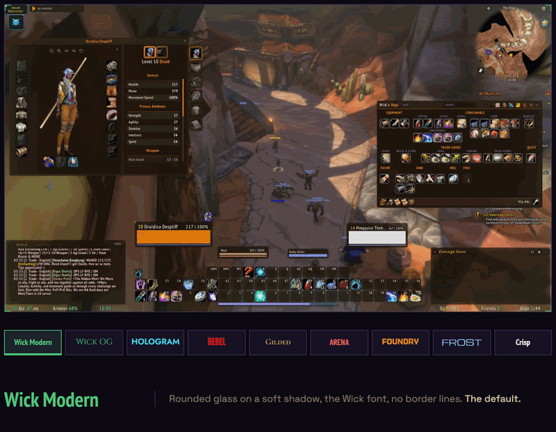 Wick's UI in each of its nine looks