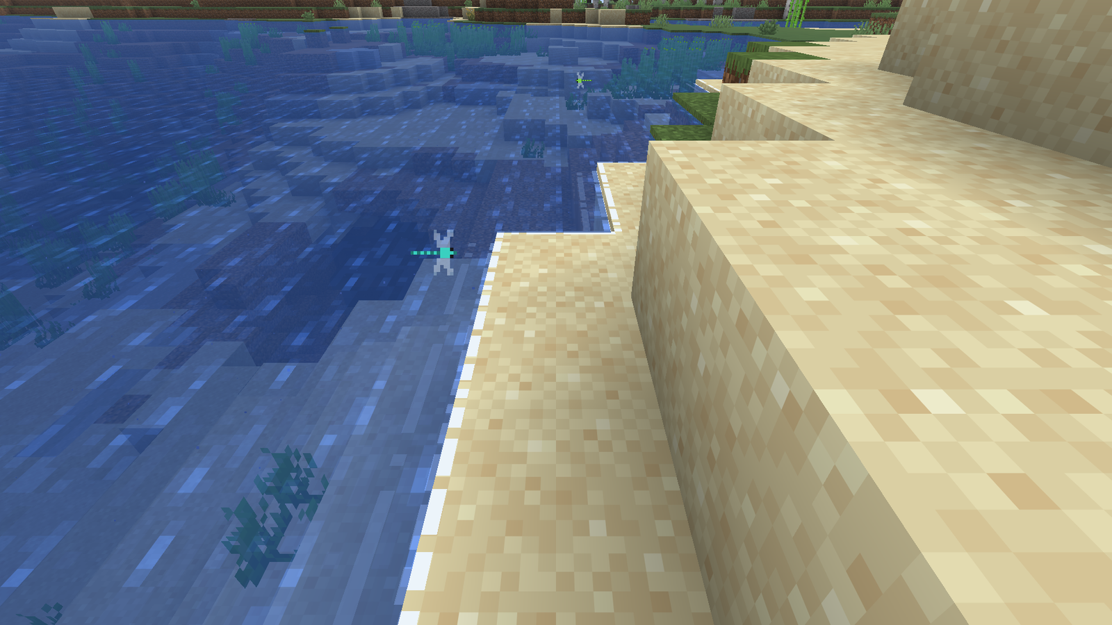 Foam laps at the water's edge on a beach, and a dragonfly hovers over the shallows.