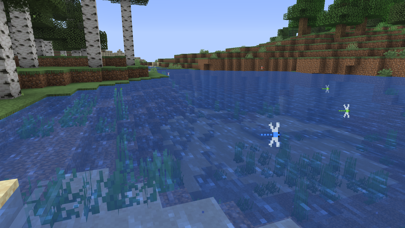 Dragonflies over a river by day.