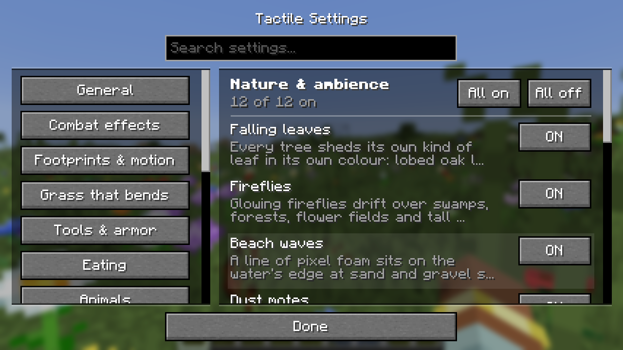 The Tactile menu: press K in any world.