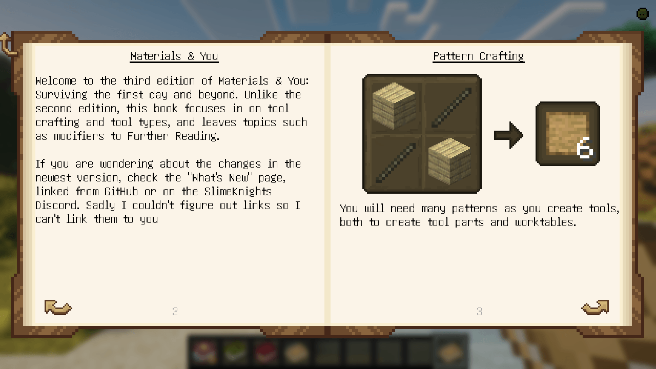 Thumbnail Materials and You, the Tinkers' Construct book: introduction and pattern crafting. Euphoria shaders in the background.