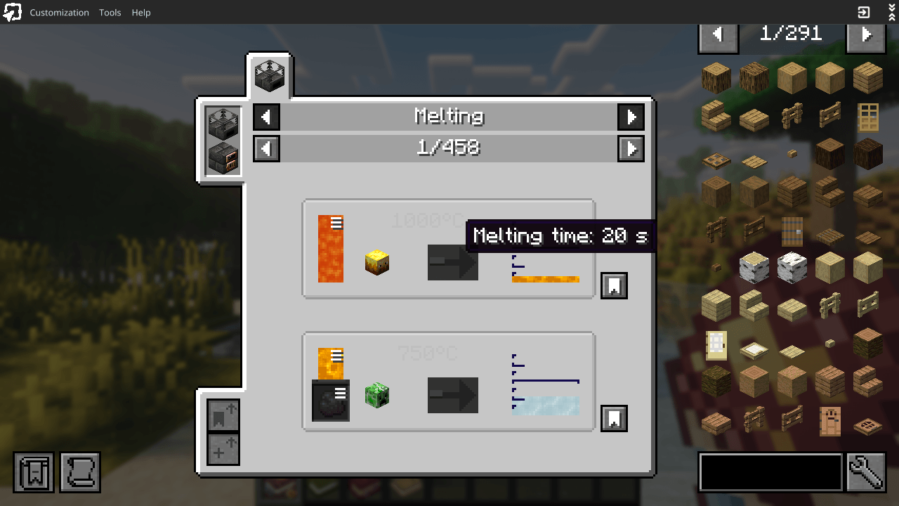Thumbnail Tinkers' Construct melting recipes in JEI. Euphoria shaders in the background.