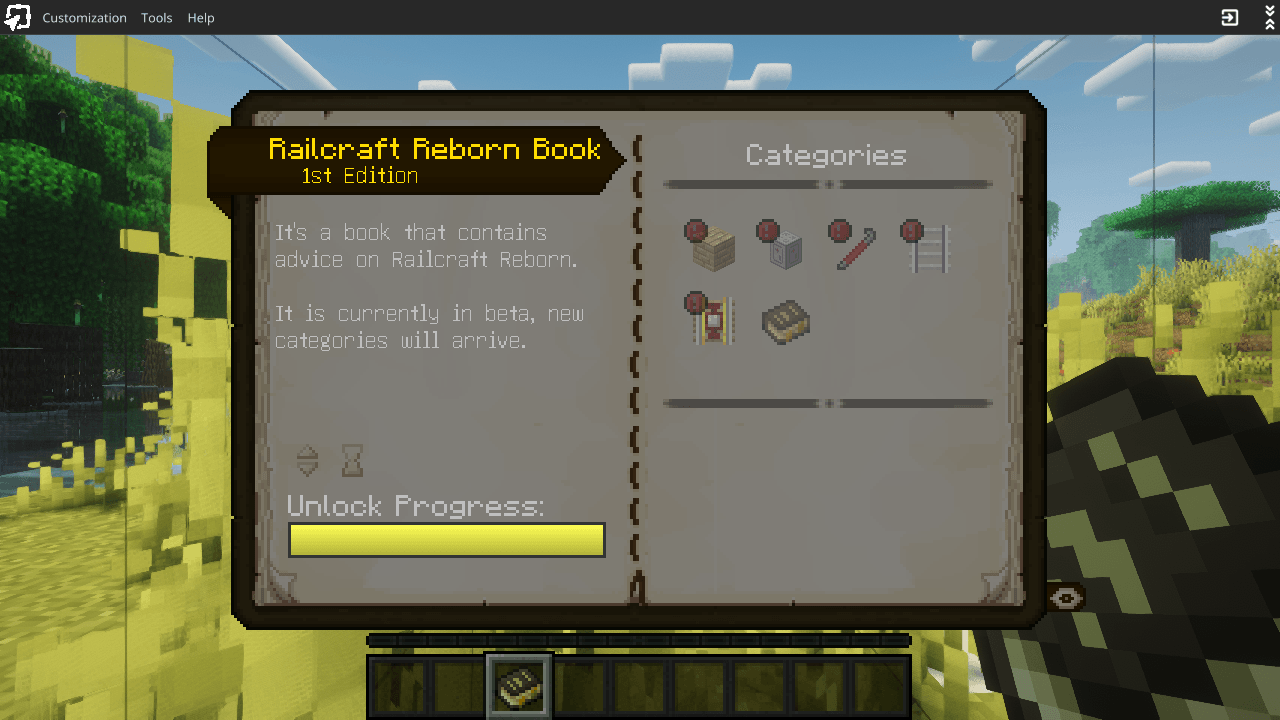 Thumbnail The Railcraft guide, opened after crafting it in the test world. Euphoria shaders in the background.