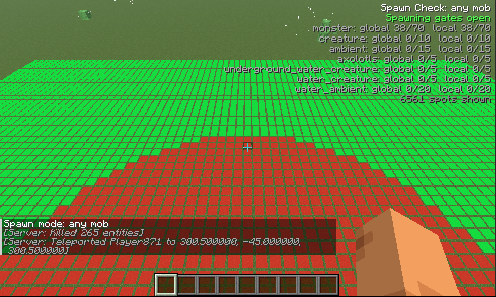 Spawn spots painted on the ground: green where a mob can spawn, red inside the 24-block zone around the player
