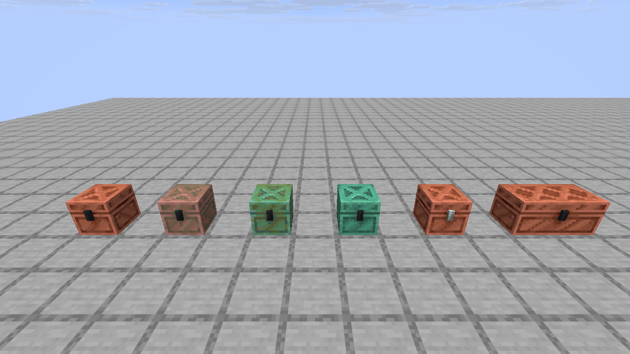 Overflow Chests: unaffected, exposed, weathered, oxidized, a copper chest, and a double Overflow Chest