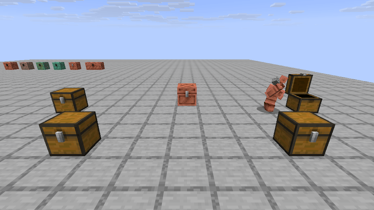A copper golem putting cobblestone into the chest that already holds cobblestone