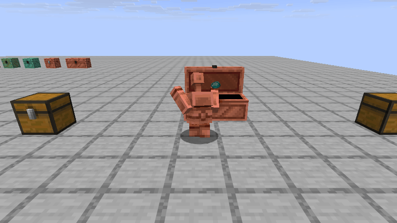 A copper golem putting a diamond into an Overflow Chest