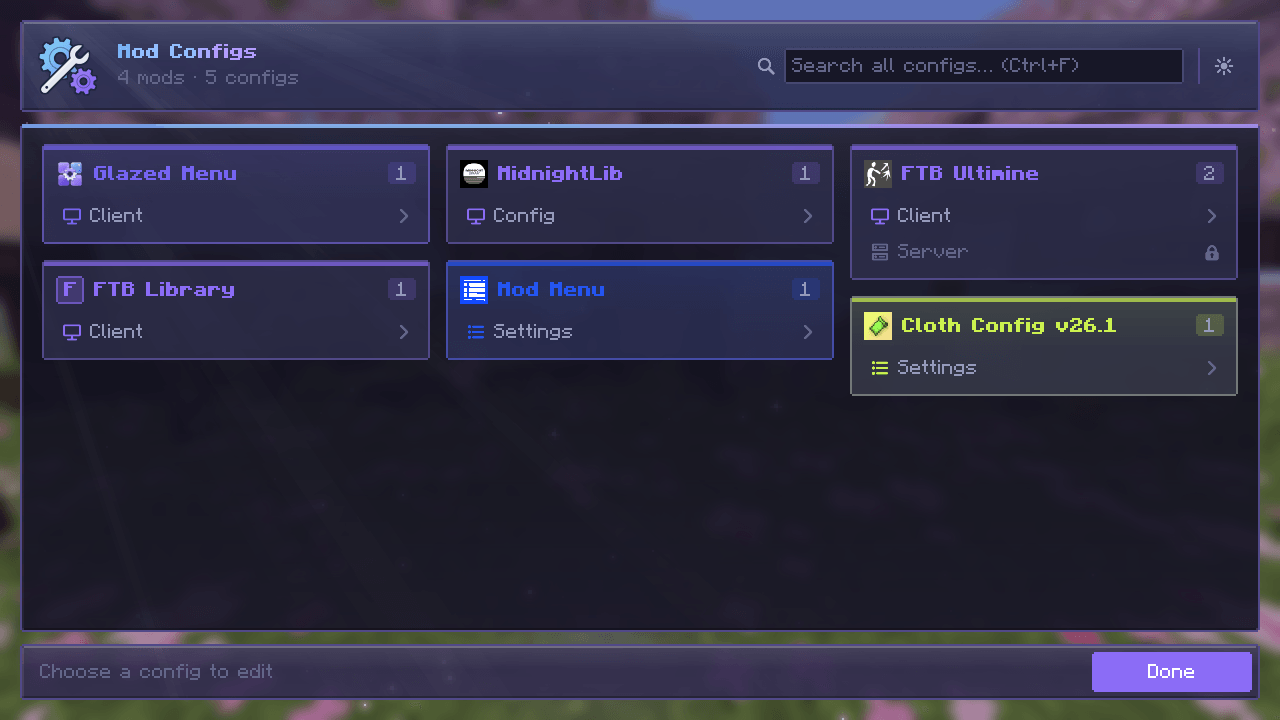 Every mod's configs in one place, as cards in each mod's colors.