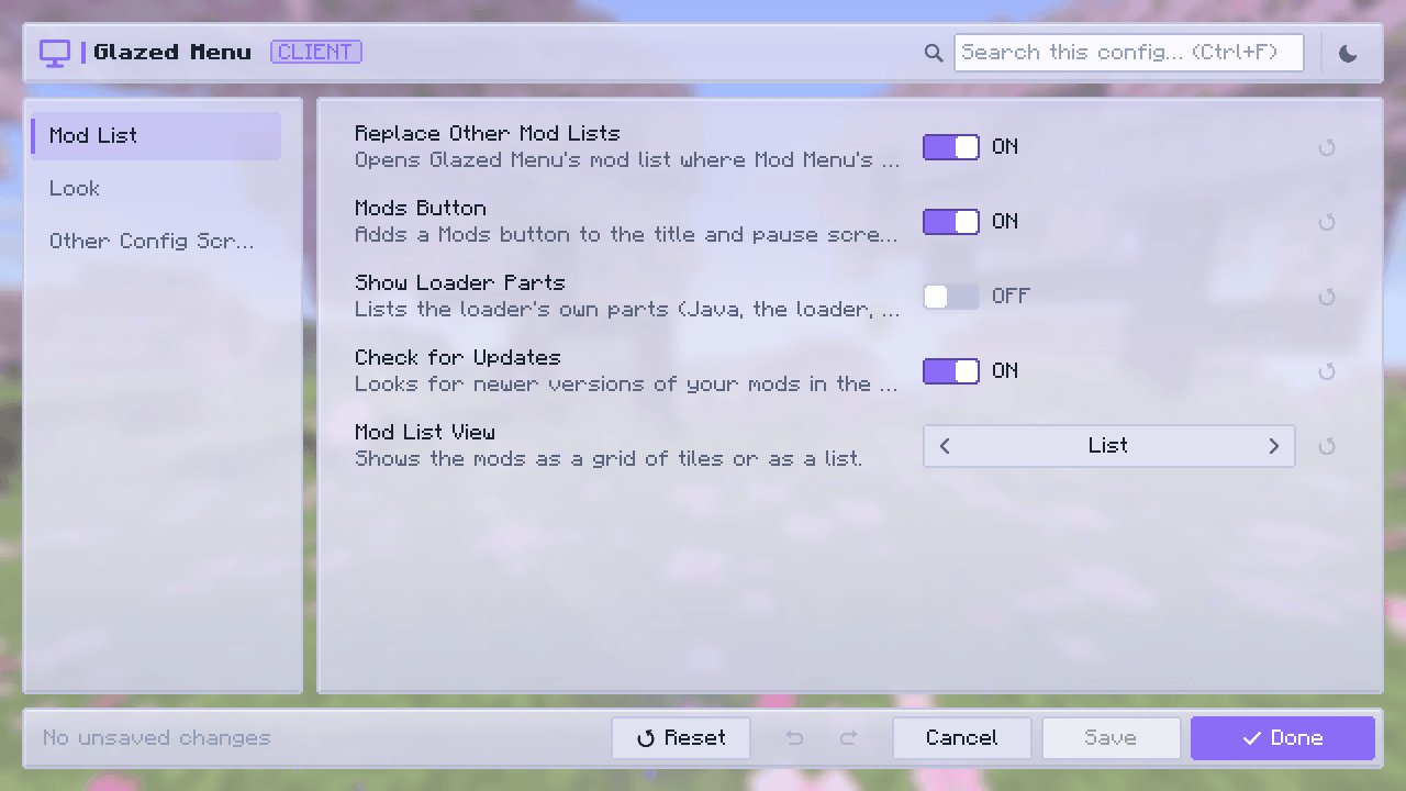 The config screen in light mode.