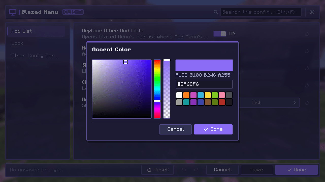 Color values open a picker.