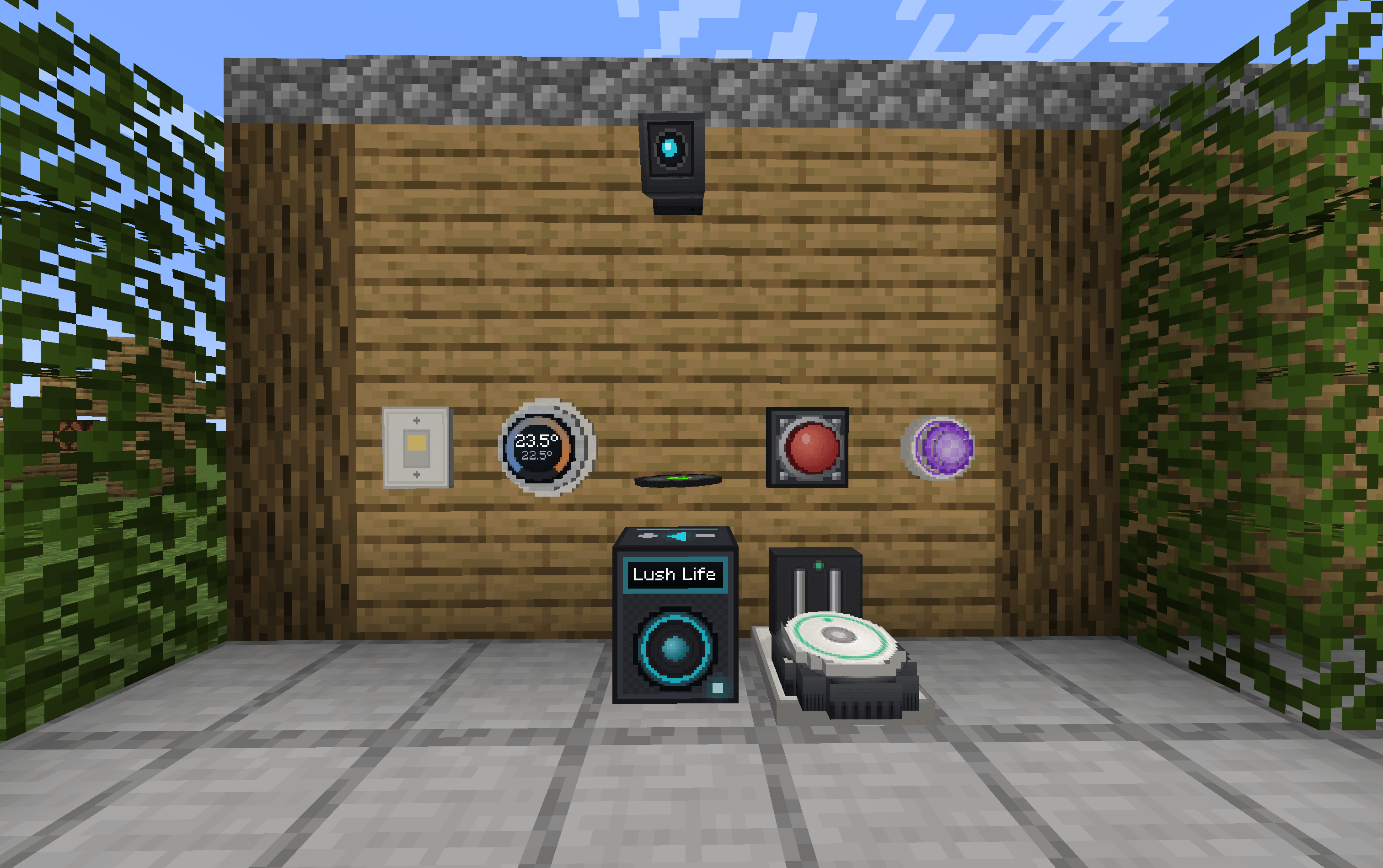 Light switch, thermostat, media player, action button, motion sensor, vacuum dock and camera. Each one is bound to a real Home Assistant device and updates live.