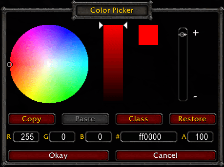 The default color picker with TrueColorPicker: exact R, G, B, hex and alpha boxes, plus Copy, Paste, Class and Restore buttons, all inside the same window.