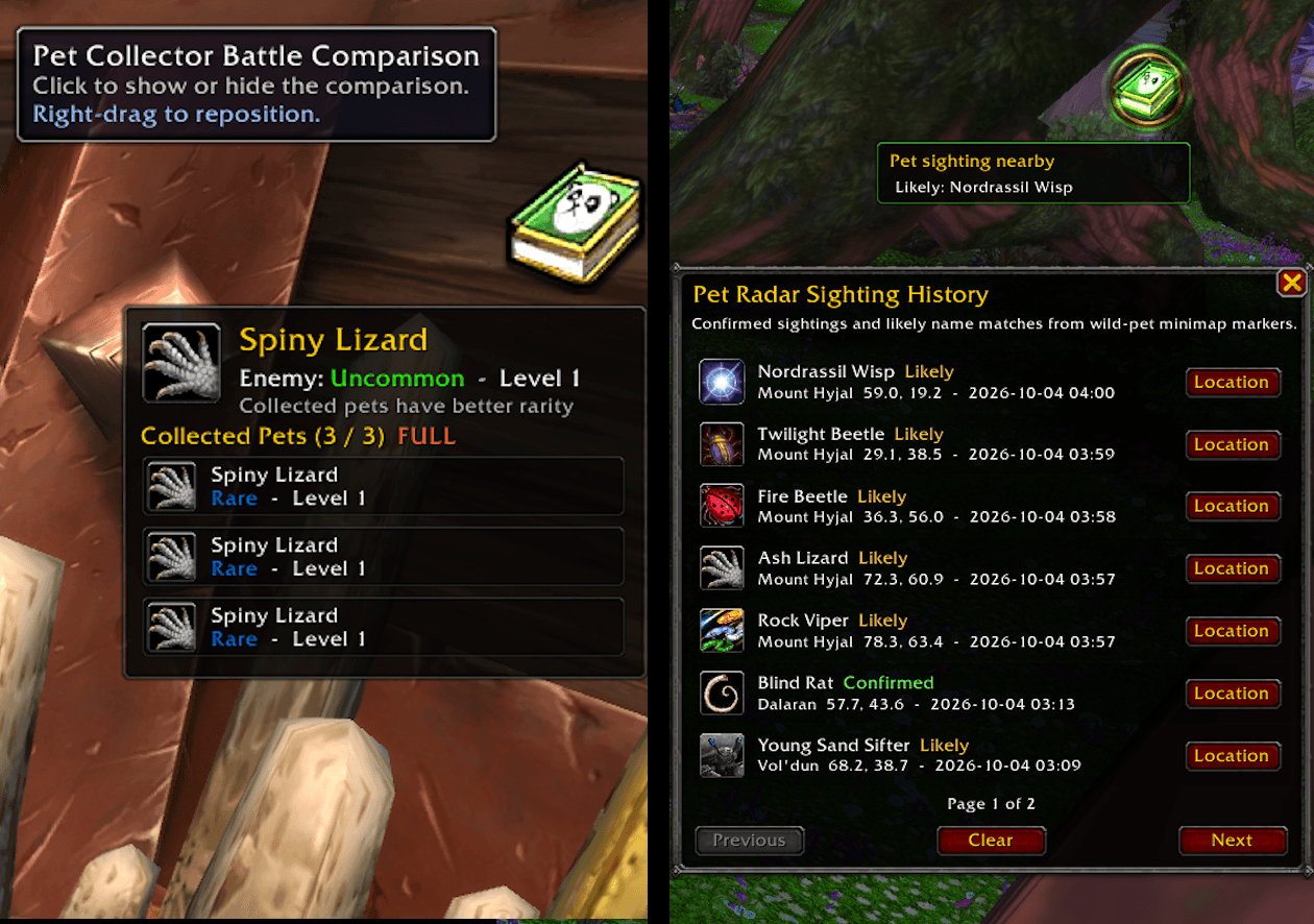 Comparison Tool + Pet Radar sighting log