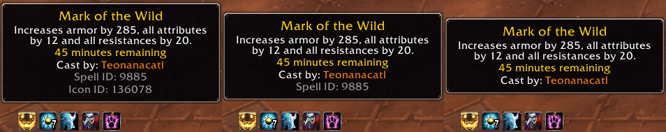 Buff and debuff tooltips show who cast them, with the caster's name in their class color. Optional Spell ID and Icon ID lines can be turned on with /et ids and /et iconids.