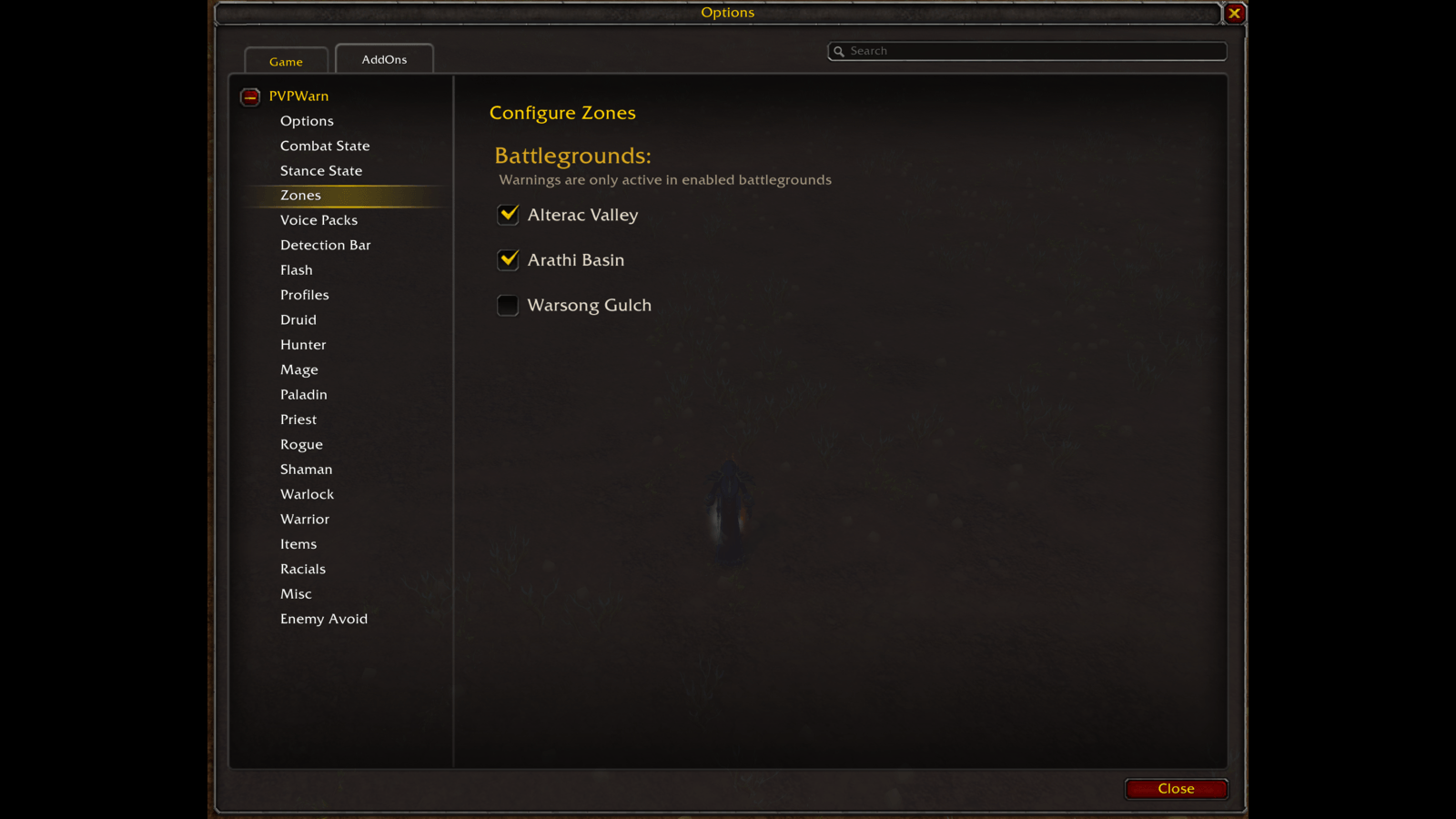 Thumbnail Turn PVPWarn on or off per battleground. Useful in zones like Alterac Valley, where the combat log generates far more events than you want to hear about.