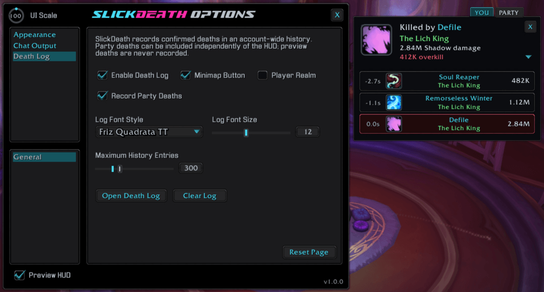 SlickDeath Death Log settings