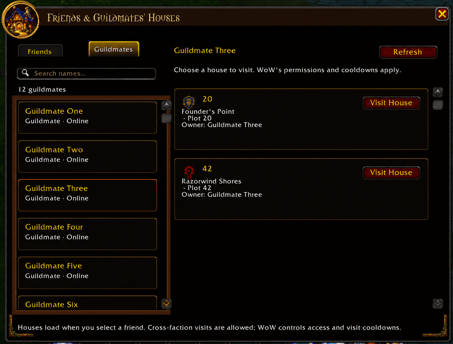 Thumbnail Find guildmates’ houses in Founder’s Point and Razorwind Shores, with faction indicators for each home. (Player and neighborhood names changed for privacy.)