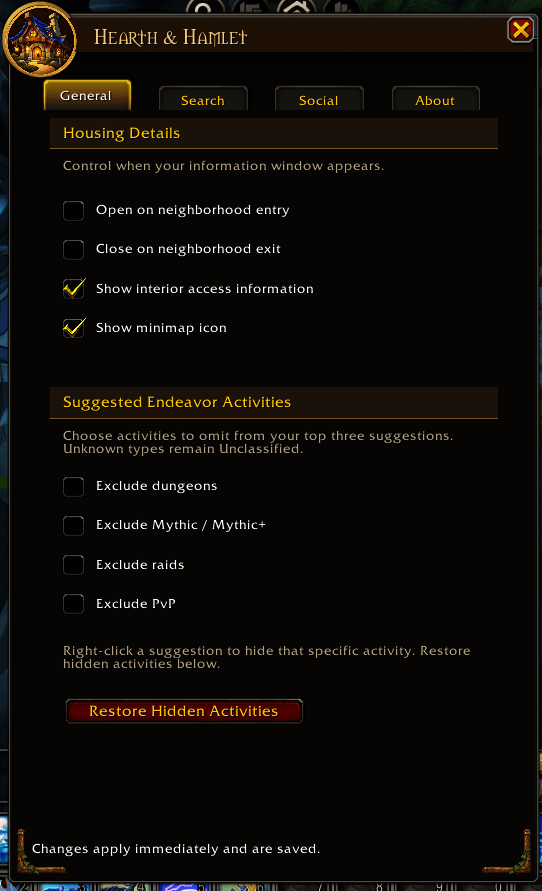 Thumbnail Customize automatic window behavior, minimap visibility, interior access information, and suggested Endeavor activities.