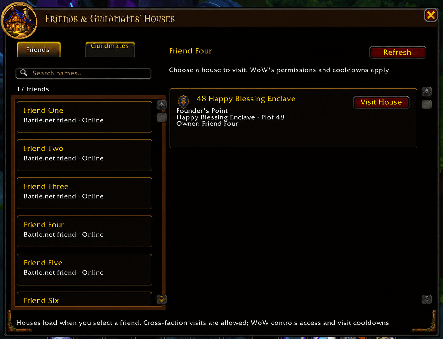 Thumbnail Browse your friends, view their available homes, and visit with a click. (Player and neighborhood names changed for privacy.)