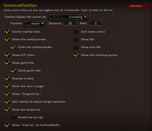 Thumbnail EnhancedTooltips options menu showing the default settings.