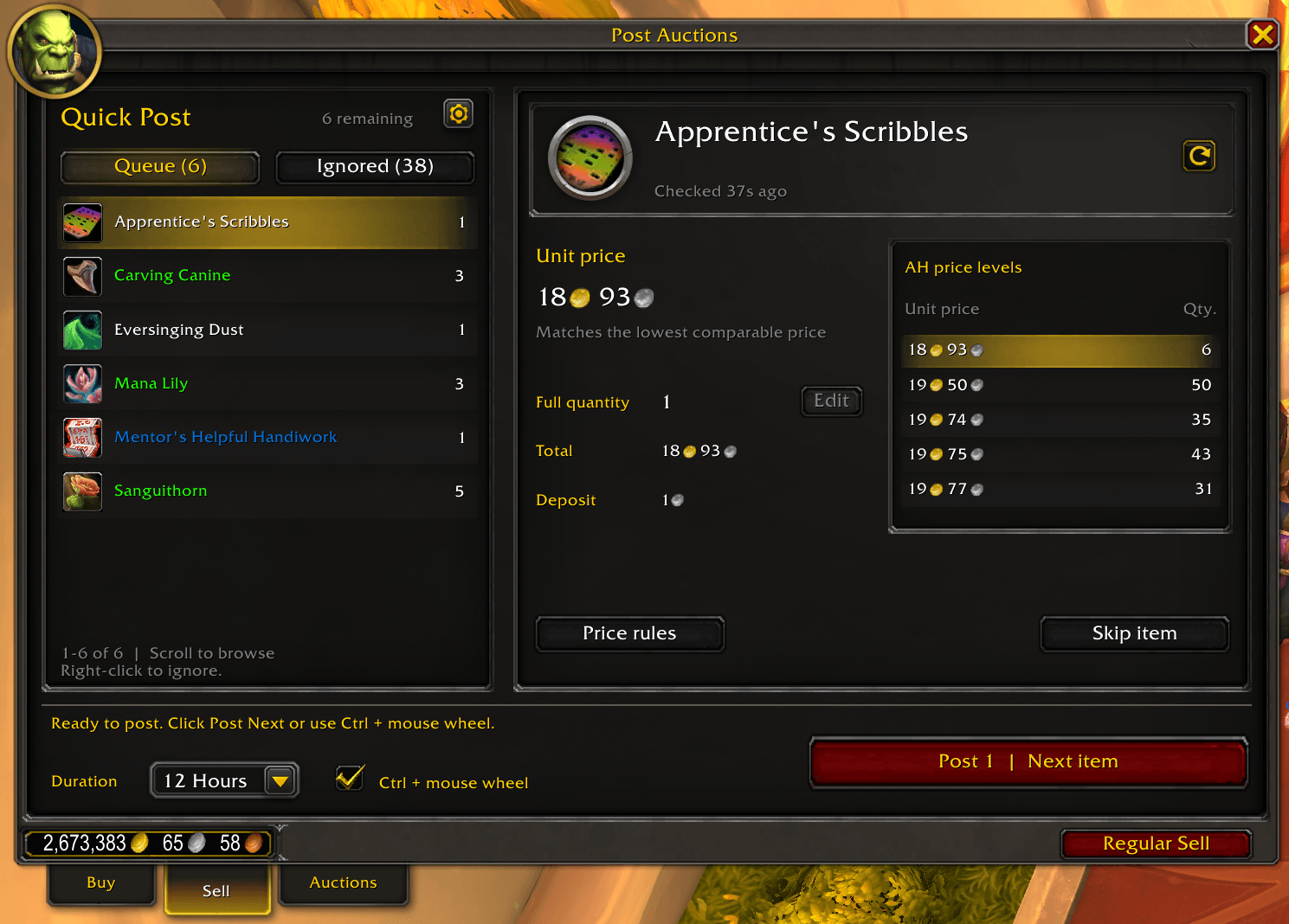Quick Post queue, selected item and comparable Auction House price levels